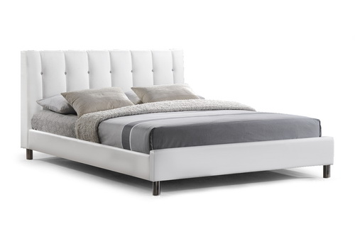 Baxton Studio Vino White Modern Bed, Carlotta Designer Queen Bed With Upholstered Headboard In White
