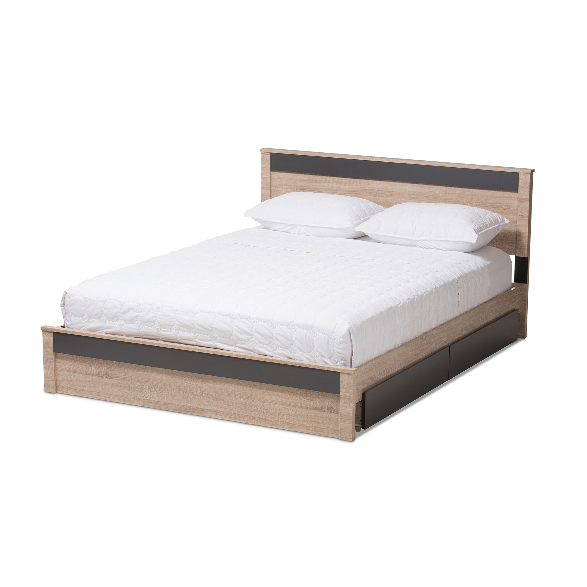 Queen Full Size Bed Frame Wood Bedroom Furniture Platform With 2 Drawers Storage 