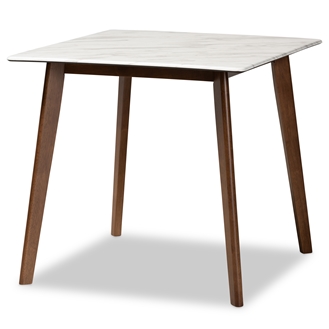 Baxton Studio Kaylee Mid-Century Modern Transitional Walnut Brown Finished Wood Dining Table with Faux Marble Tabletop