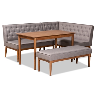 Baxton Studio Riordan Mid-Century Modern Grey Fabric Upholstered and Walnut Brown Finished Wood 4-Piece Dining Nook Set