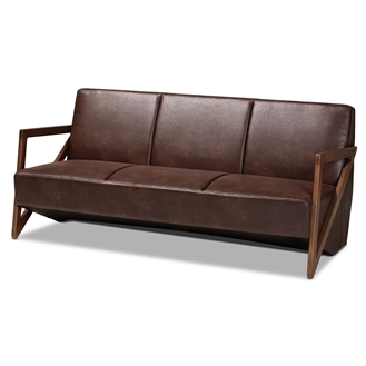 Baxton Studio Christa Mid-Century Modern Transitional Dark Brown Faux Leather Effect Fabric Upholstered and Walnut Brown Finished Wood Sofa