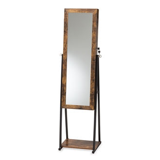 Baxton Studio Ganit Modern and Contemporary Walnut Brown Finished Wood and Black Metal Jewelry Armoire with Mirror