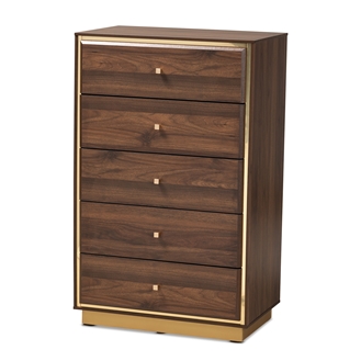 Baxton Studio Cormac Mid-Century Modern Transitional Walnut Brown Finished Wood and Gold Metal 5-Drawer Storage Chest