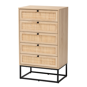 Baxton Studio Amelia Mid-Century Modern Transitional Natural Brown Finished Wood and Natural Rattan 5-Drawer Storage Cabinet