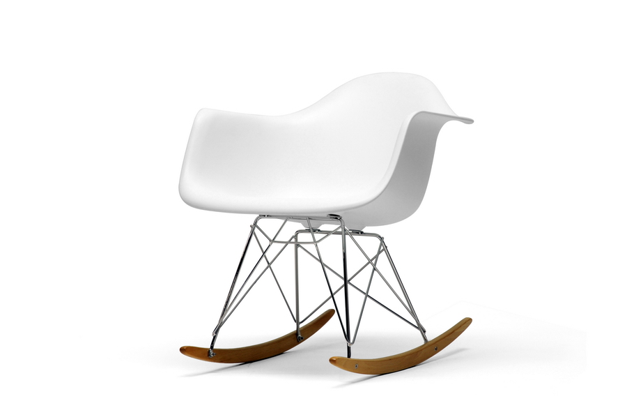 Chuck White Molded Plastic Rocking Chair With Metal Legs And Wood