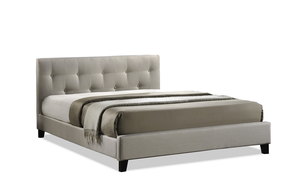 Annette Light Beige Linen Modern Bed, Carlotta Designer Queen Bed With Upholstered Headboard In White