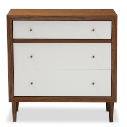 Baxton Studio Harlow Mid-century Modern Scandinavian Style White and Walnut Wood 3-drawer Chest Baxton Studio restaurant furniture, hotel furniture, commercial furniture, wholesale bedroom furniture, wholesale dressers, classic 3-drawer Chest, cheap dressers