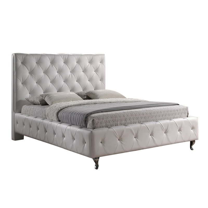 Stella Crystal Tufted White Modern Bed, King Size Bed Tufted Headboard