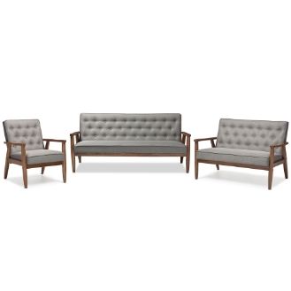 Baxton Studio Sorrento Mid-century Retro Modern Grey Fabric  Upholstered Wooden 3 Piece Living room Set