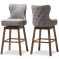 Baxton Studio Gradisca Modern and Contemporary Brown Wood Finishing and Grey Fabric Button-Tufted Upholstered Swivel Barstool