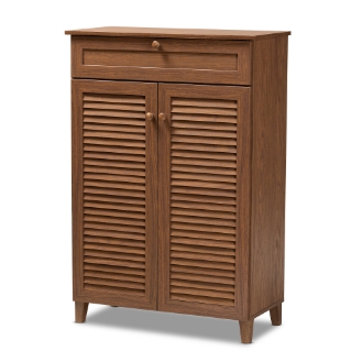 Baxton Studio Coolidge Modern and Contemporary Walnut Finished 5-Shelf Wood Shoe Storage Cabinet with Drawer