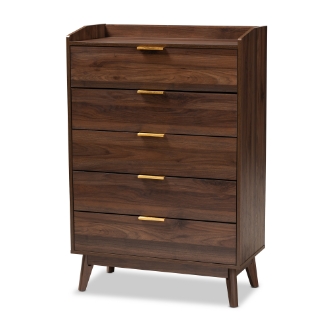 Baxton Studio Lena Mid-Century Modern Walnut Brown Finished 5-Drawer Wood Chest