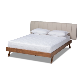 Baxton Studio Brita Mid-Century Modern Light Beige Fabric Upholstered Walnut Finished Wood King Size Bed