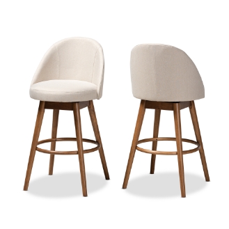 Baxton Studio Carra Mid-Century Modern Light Beige Fabric Upholstered Walnut-Finished Wood Swivel Bar Stool (Set of 2)
