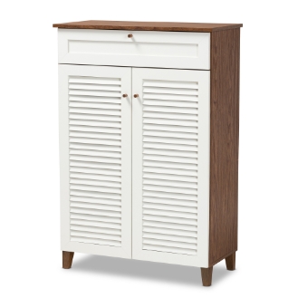 Baxton Studio Coolidge Modern and Contemporary White and Walnut Finished 5-Shelf Wood Shoe Storage Cabinet with Drawer