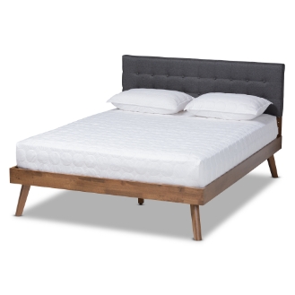 Baxton Studio Devan Mid-Century Modern Dark Grey Fabric Upholstered Walnut Brown Finished Wood Queen Size Platform Bed