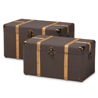 Baxton Studio Stephen Modern and Contemporary Transitional Dark Brown Fabric Upholstered and Oak Brown Finished 2-Piece Storage Trunk Set