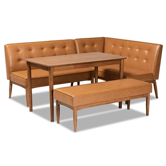 Baxton Studio Arvid Mid-Century Modern Tan Faux Leather Upholstered and Walnut Brown Finished Wood 4-Piece Dining Nook Set