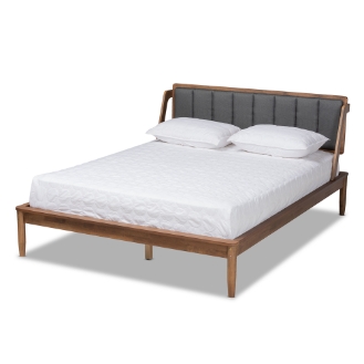 Baxton Studio Helsa Mid-Century Modern Dark Grey Fabric Upholstered and Walnut Finished Full Size Platform Bed