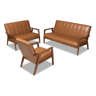 Baxton Studio Nikko Mid-century Modern Tan Faux Leather Upholstered and Walnut Brown finished Wood 3-Piece Living Room Set