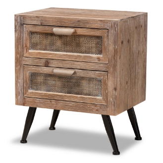 Baxton Studio Calida Mid-Century Modern Whitewashed Natural Brown Finished Wood and Rattan 2-Drawer End Table