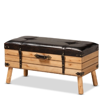 Baxton Studio Amena Rustic Transitional Dark Brown PU Leather Upholstered and Oak Finished Wood Large Storage Ottoman