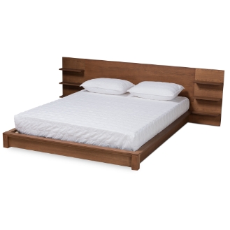 Baxton Studio Elina Modern and Contemporary Walnut Brown Finished Wood King Size Platform Storage Bed with Shelves