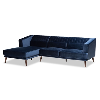 Baxton Studio Morton Mid-Century Modern Contemporary Navy Blue Velvet Fabric Upholstered and Dark Brown Finished Wood Sectional Sofa with Left Facing Chaise
