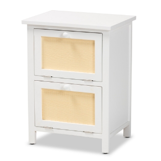 Baxton Studio Sariah Mid-Century Modern White Finished Wood and Rattan 2-Door End Table