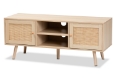 Baxton Studio Sebille Mid-Century Modern Light Brown Finished Wood 2-Door TV Stand with Natural Rattan