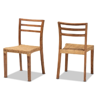 Baxton Studio Arthur Mid-Century Modern Walnut Brown Finished Wood and Natural Rattan 2-Piece Dining Chair Set