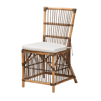 Baxton Studio Kim Modern Bohemian White Fabric and Natural Brown Rattan Dining Chair