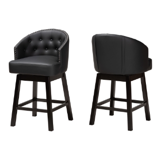 Baxton Studio Theron Mid-Century Transitional Black Faux Leather and Espresso Brown Finished Wood 2-Piece Swivel Counter Stool Set