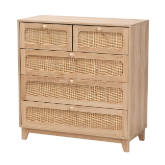 Baxton Studio Elsbeth Mid-Century Modern Oak Brown Finished Wood and Natural Rattan 5-Drawer Storage Cabinet