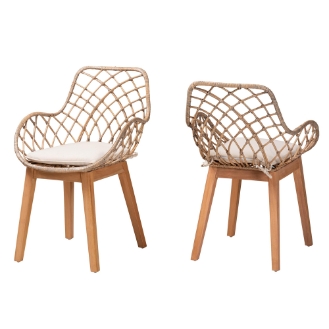 Baxton Studio Ballerina Modern Bohemian Greywashed Rattan and Natural Brown Finished Wood 2-Piece Dining Chair Set