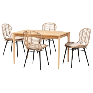 Baxton Studio Brenna Modern Bohemian Greywashed Rattan and Natural Brown Finished Wood 5-Piece Dining Set