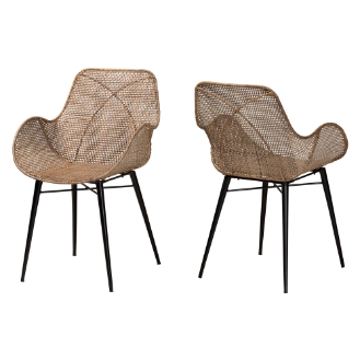 Baxton Studio Ballerina Modern Bohemian Greywashed Rattan and Black Metal 2-Piece Dining Chair Set