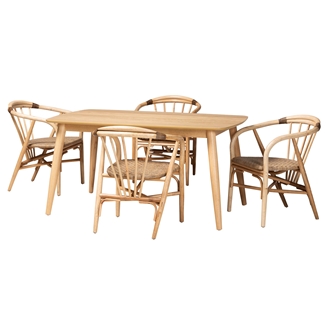Baxton Studio Kyoto Modern Bohemian Natural Brown Finished Wood and Rattan 5-Piece Dining Set