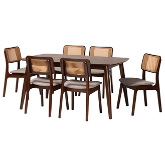 Baxton Studio Dannon Mid-Century Modern Grey Fabric and Walnut Brown Finished Wood 7-Piece Dining Set