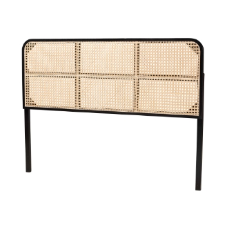 bali & pari Lainer Modern Bohemian Black Finished Bayur Wood and Natural Rattan Queen Size Headboard