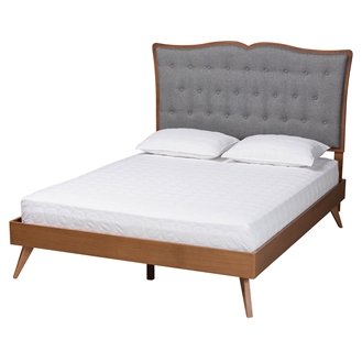 Baxton Studio Hawthorn Classic and Traditional Grey Fabric and Walnut Brown Finished Wood Queen Size Platform Bed