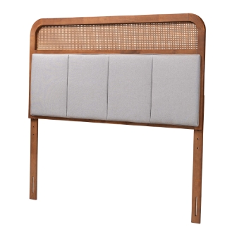 Baxton Studio Esti Mid-Century Modern Light Grey Fabric and Ash Walnut Finished Wood King Size Headboard with Rattan