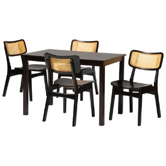 Baxton Studio Estera Mid-Century Modern Dark Brown Finished Wood and Rattan 5-Piece Dining Set