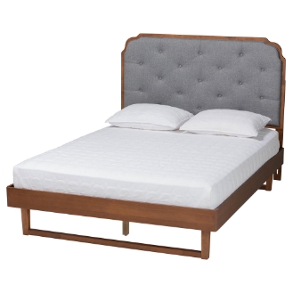 Baxton Studio Roald Mid-Century Modern Grey Fabric and Walnut Brown Wood King Size Platform Bed