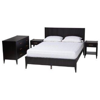 Baxton Studio Primrose Mid-Century Black Fluted Wood Queen Size 4-Piece Bedroom Set