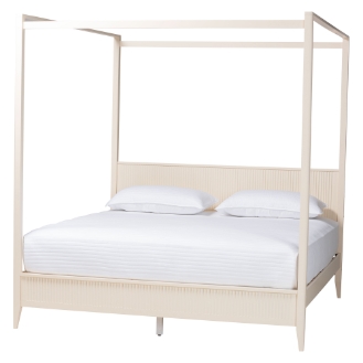 Baxton Studio Primrose Mid-Century Ivory Fluted Wood King Size Canopy Bed