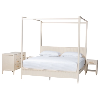 Baxton Studio Primrose Mid-Century Ivory Fluted Wood King Size 4-Piece Canopy Bedroom Set
