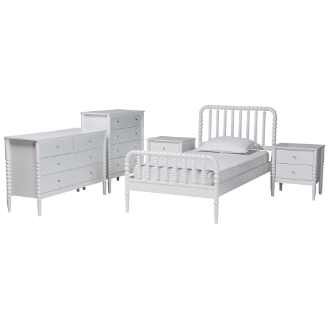 Baxton Studio Lucera Mid-Century White Twin Size 5-Piece Bobbin Bedroom Set
