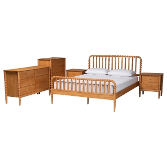 Baxton Studio Lucera Mid-Century Oak Brown Queen Size 5-Piece Bobbin Bedroom Set
