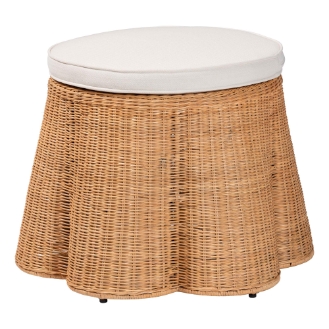 bali & pari Palm Scallop Natural Rattan Ottoman with Cushion - Handwoven Wicker Accent Stool or Footrest for Living Room, Bedroom, or Sunroom, Coastal Boho Style, 26" Round